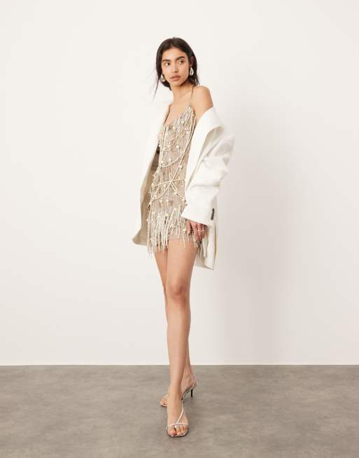 ASOS EDITION Showgirl draped pearl fringe cami mini dress in bronze ASOS