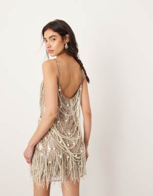 ASOS EDITION Showgirl draped pearl fringe cami mini dress in bronze | ASOS