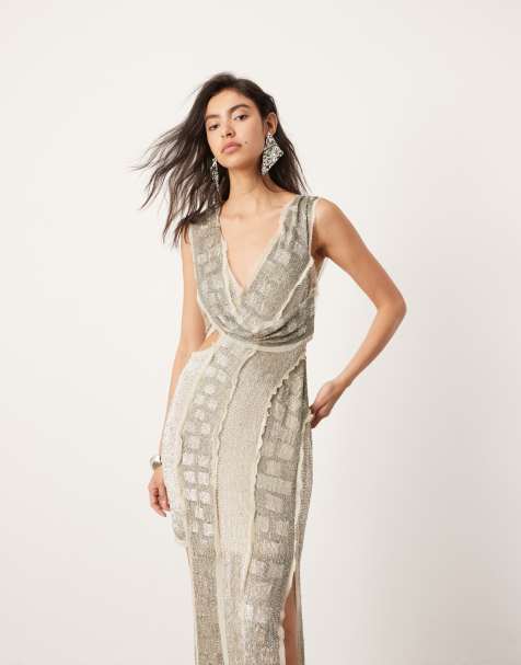 ASOS EDITION – Silverfärgad, asymmetrisk midiklänning med tvådelad design, utsmyckning och råskuren kant - view 1
