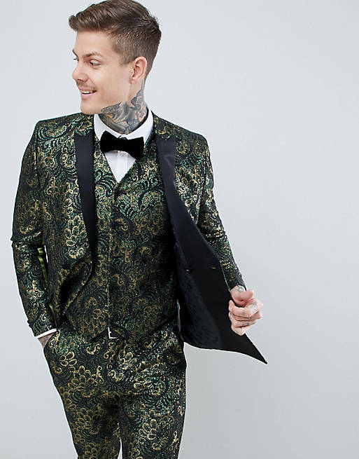 ASOS EDITION skinny double breasted tuxedo suit jacket in green floral ...