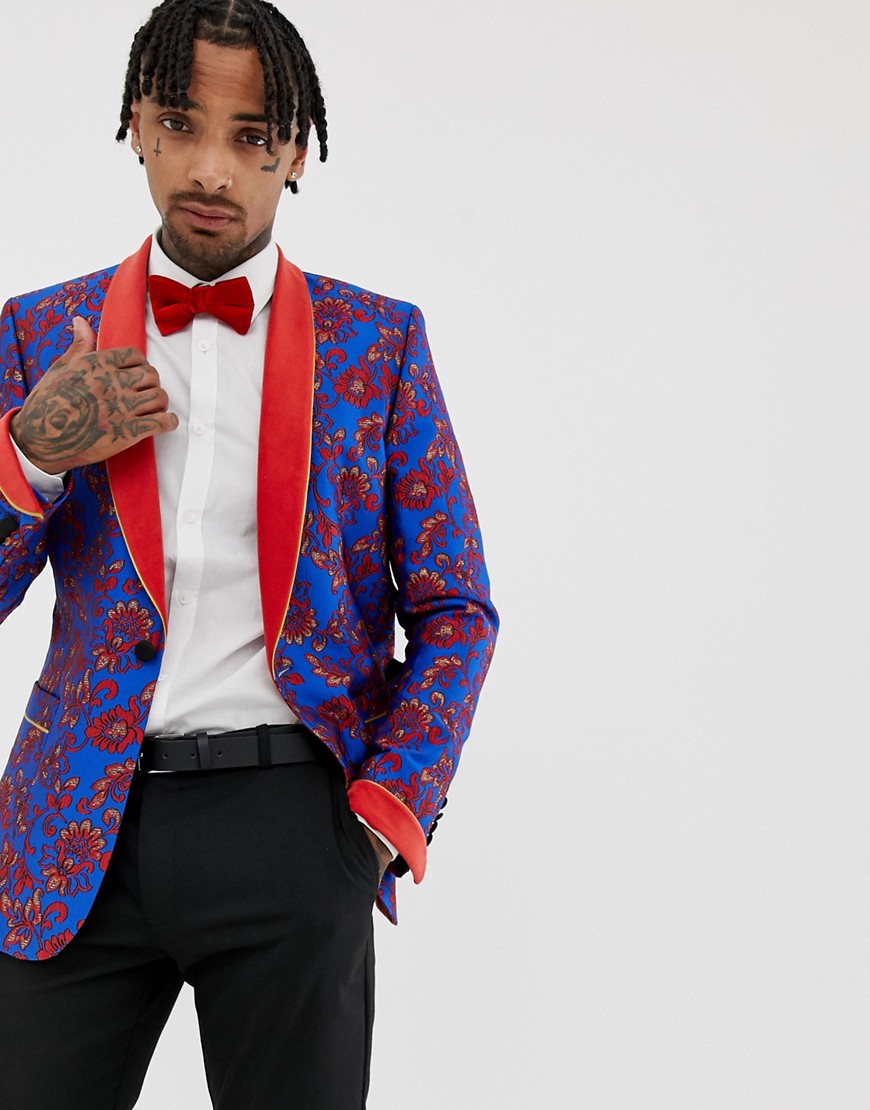ASOS EDITION - Skinny jacquard blazer in blauw en rood met bloemenprint en sjaalrevers