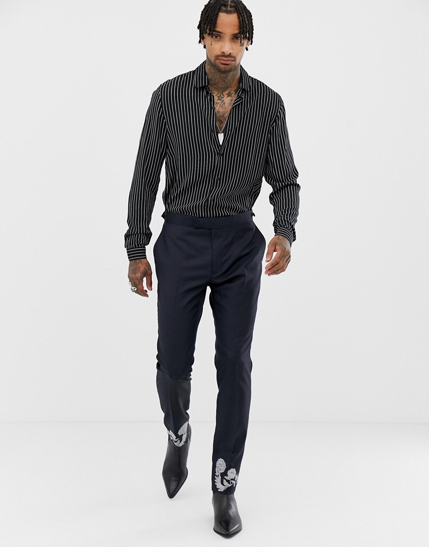 ASOS EDITION - Skinny pantalon in marineblauw van 100% wol met borduursel