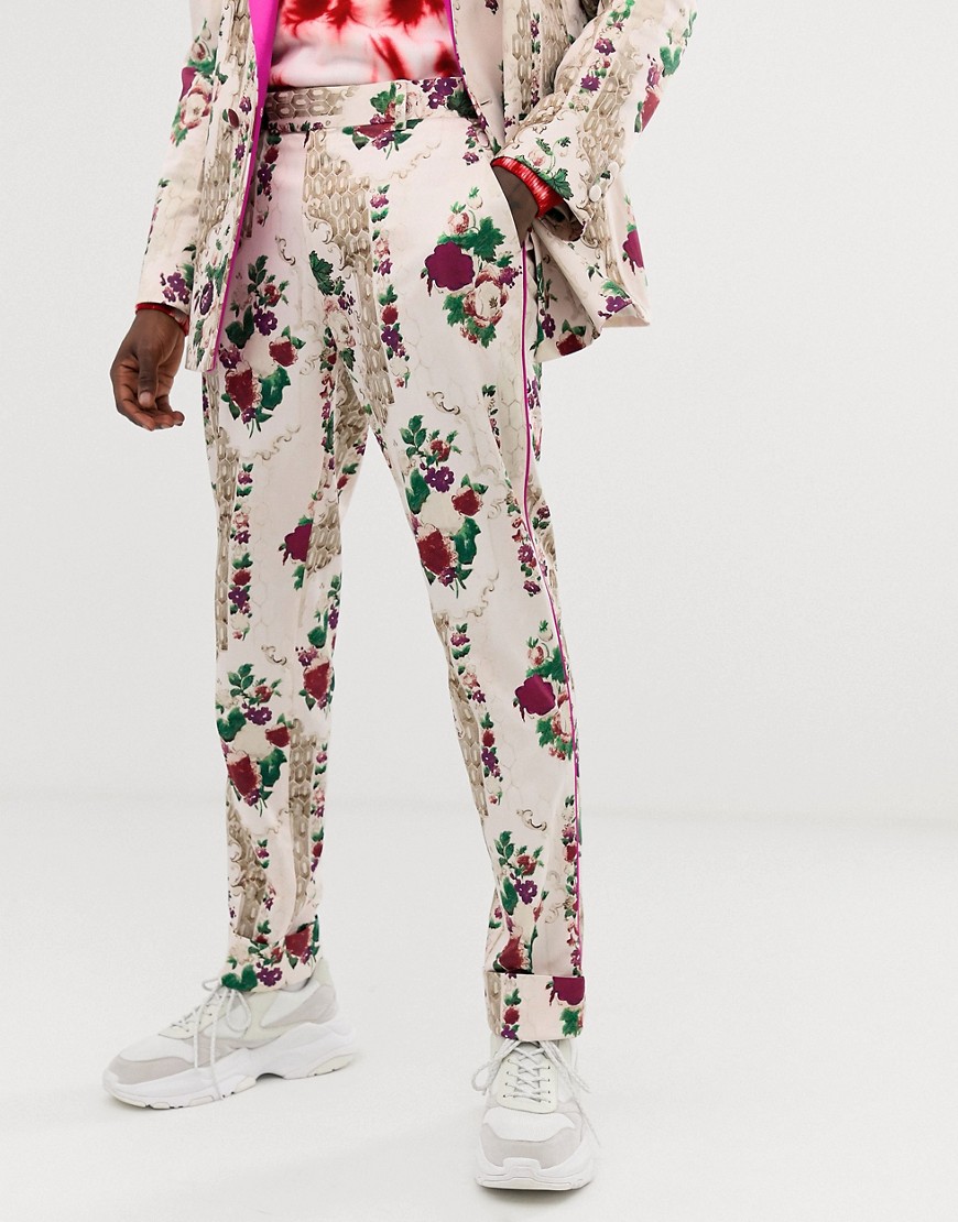 ASOS EDITION - Skinny pantalon van jacquard met bloemenprint in crème