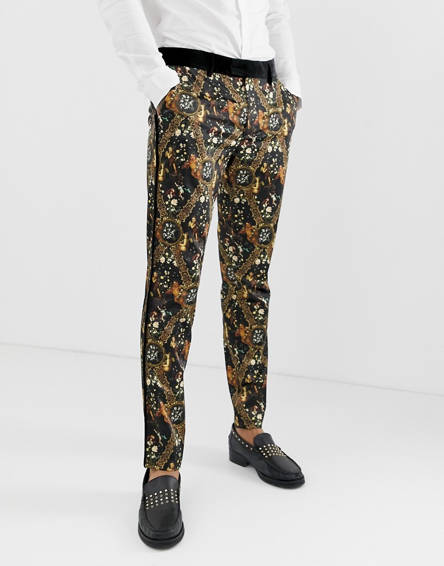 ASOS EDITION - Skinny pantalon van satinet met barokprint-Zwart