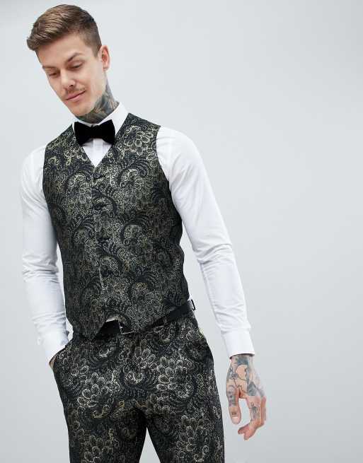 ASOS EDITION - Skinny double-breasted jacquard smoking met bloemenprint in groen, 4 van 4
