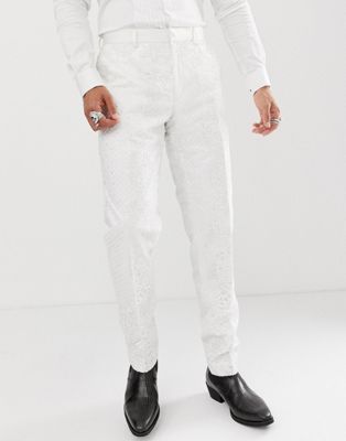 ASOS EDITION - Skinny smokingpantalon met lovertjes en wit sateen met kant