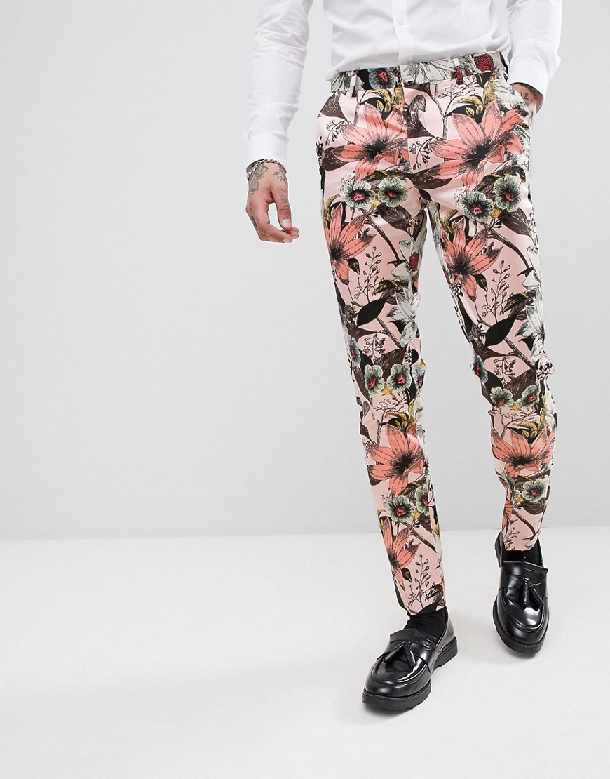 ASOS EDITION - Skinny smokingpantalon met satijnen bloemenprint in roze