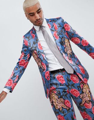 ASOS EDITION skinny suit jacket in blue floral print with tiger patches