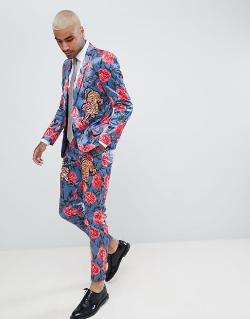 ASOS EDITION skinny suit jacket in blue floral print with tiger patches