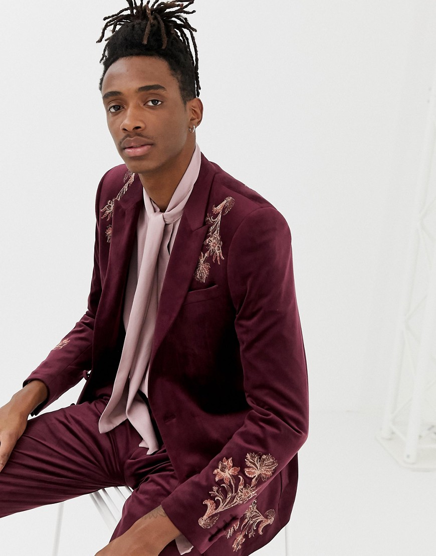 ASOS EDITION skinny suit jacket in burgundy embroidered velvet