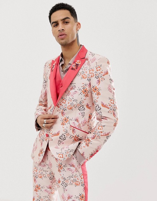 ASOS EDITION skinny suit jacket in pink floral jacquard with ...