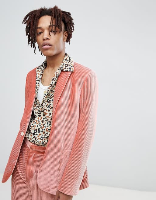 ASOS EDITION skinny suit jacket in pink velvet plisse