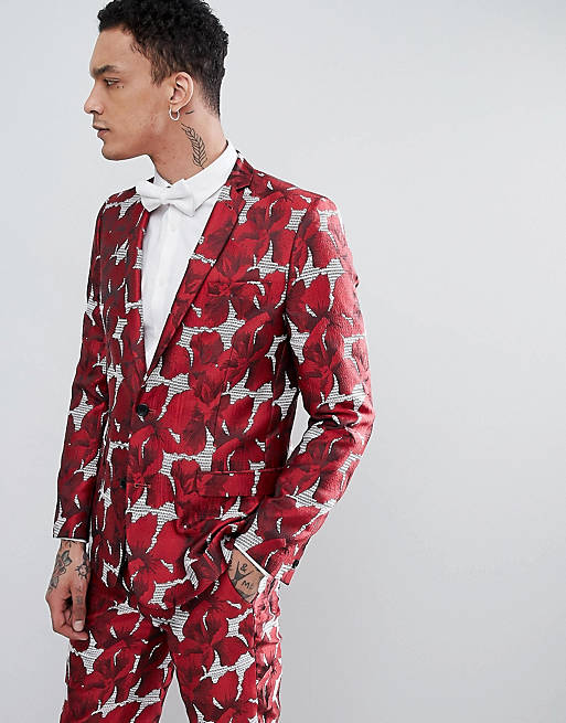 ASOS EDITION skinny suit jacket in red floral jacquard