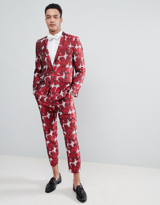 Red Tapestry Floral Slim Fit Tuxedo Jacket