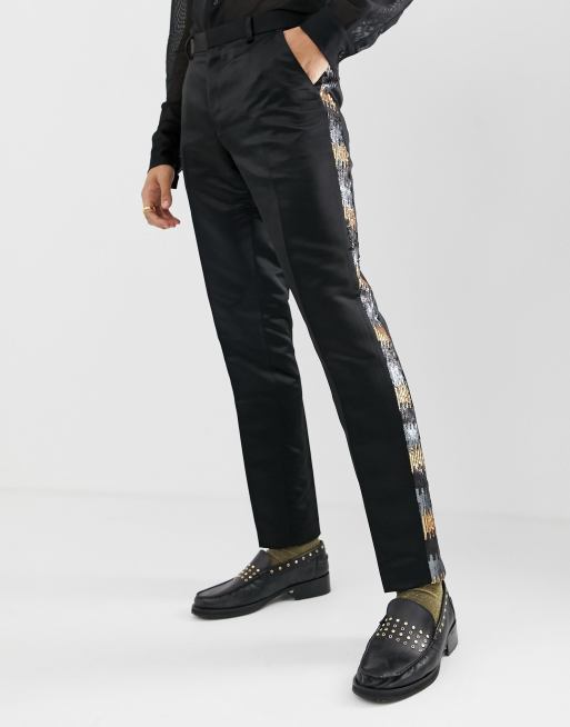 ASOS Slim Crop Smart Pants In Black Satin With Sequin Side Stripe for Men