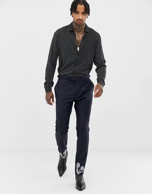 ASOS EDITION skinny suit in navy 100% wool with embroidery, 2 of 2