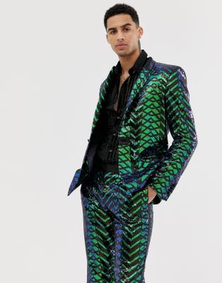 ASOS EDITION skinny tuxedo jacket in green geo patterned sequins