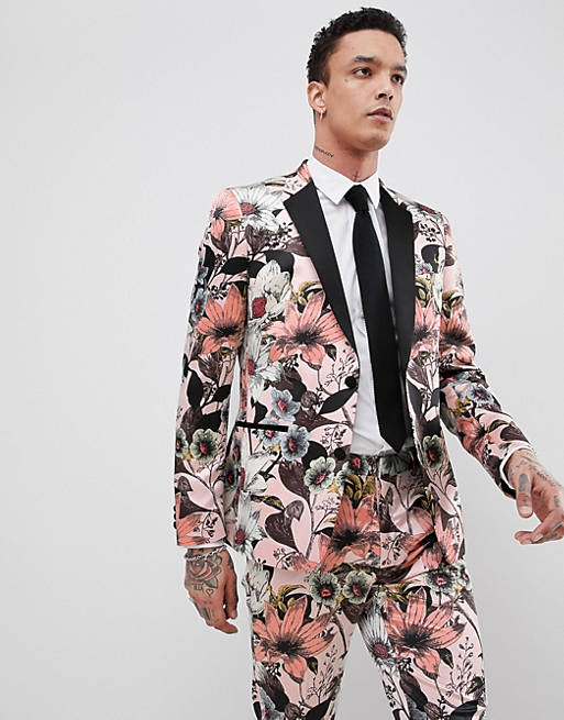 ASOS EDITION skinny tuxedo suit jacket in pink floral sateen print | ASOS