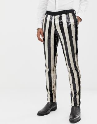 ASOS EDITION skinny tuxedo suit pants in black and cream reversible sequin  stripe