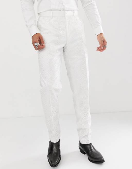 ASOS EDITION skinny tuxedo suit trousers in sequin and lace embellished white sateen | ASOS