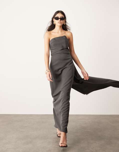 ASOS EDITION - Skræddersyet koksgrå bandeau-maxikjole med asymmetrisk hals og slæb - view 1