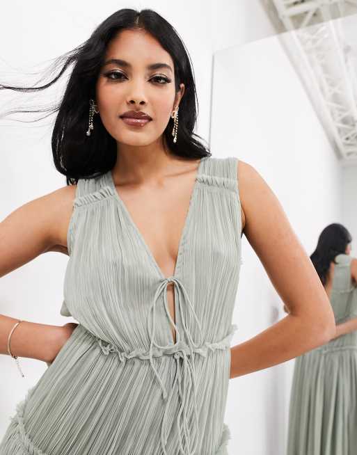 ASOS EDITION sleeveless chiffon frill detail maxi dress with ties in pale  green