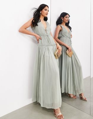 Asos Design Sleeveless Chiffon Ruffle Detail Maxi Dress With Ties In Pale Green