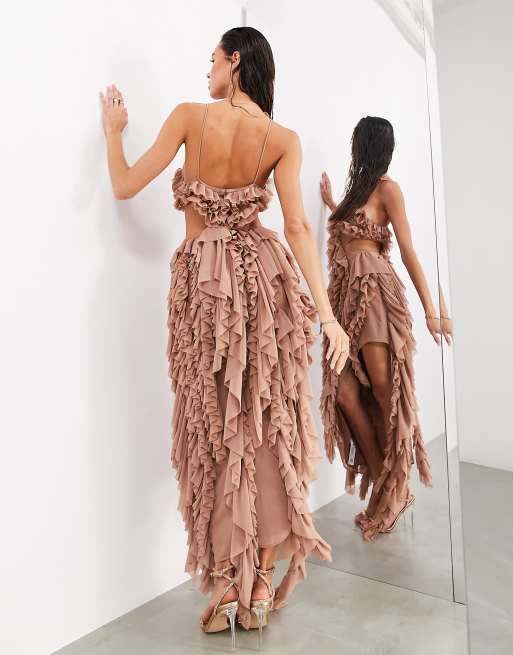 ASOS DESIGN sleeveless maxi dress with cut out front in brown