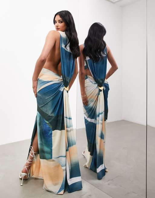 ASOS EDITION sleeveless drape detail maxi dress with plate trim in blue  abstract print