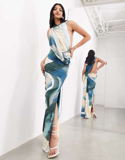 asos drape maxi dress ASOS DESIGN Tall premium one-shoulder draped maxi dress with cape detail in  petrol