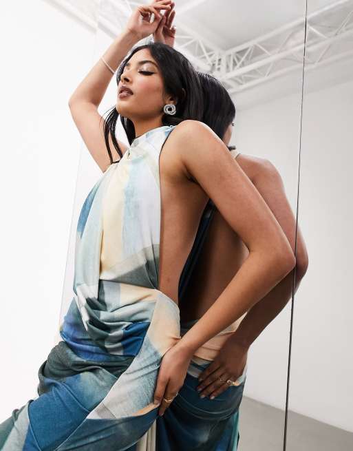 ASOS EDITION sleeveless drape detail maxi dress with plate trim in blue abstract print, 3 of 4