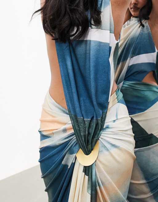 ASOS EDITION sleeveless drape detail maxi dress with plate trim in blue abstract print, 4 of 4