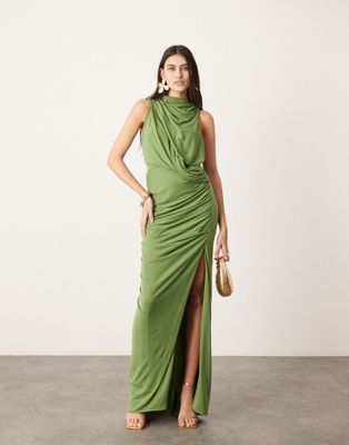 ASOS EDITION sleeveless drape detail maxi dress with plate trim in green-Black