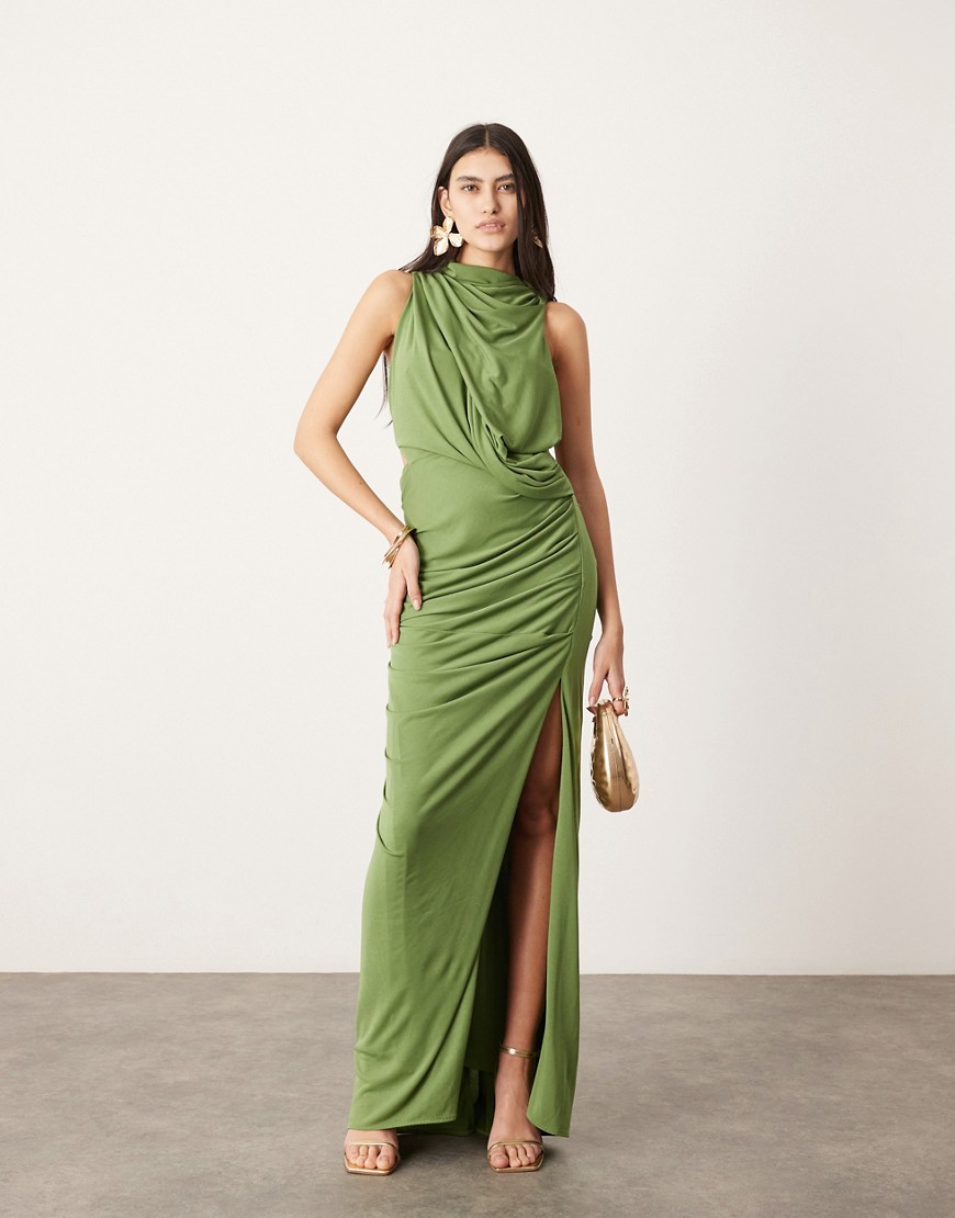 Asos Design Sleeveless Drape Detail Maxi Dress With Plate Trim In Green-black