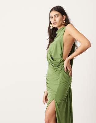 ASOS EDITION sleeveless drape detail maxi dress with plate trim in green |  ASOS