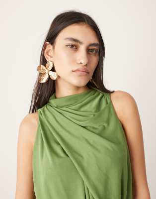 ASOS EDITION sleeveless drape detail maxi dress with plate trim in green |  ASOS