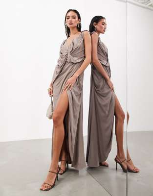 ASOS EDITION sleeveless draped off shoulder maxi dress in taupe