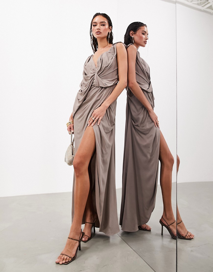 ASOS EDITION sleeveless draped off shoulder maxi dress in taupe-Black