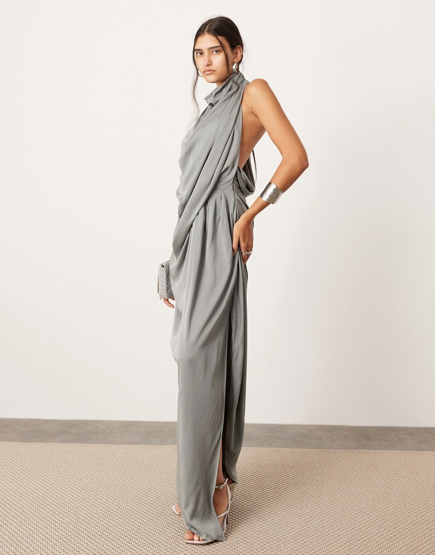 Asos Design Sleeveless Draped Slouchy Halter Midi Dress In Gray-black