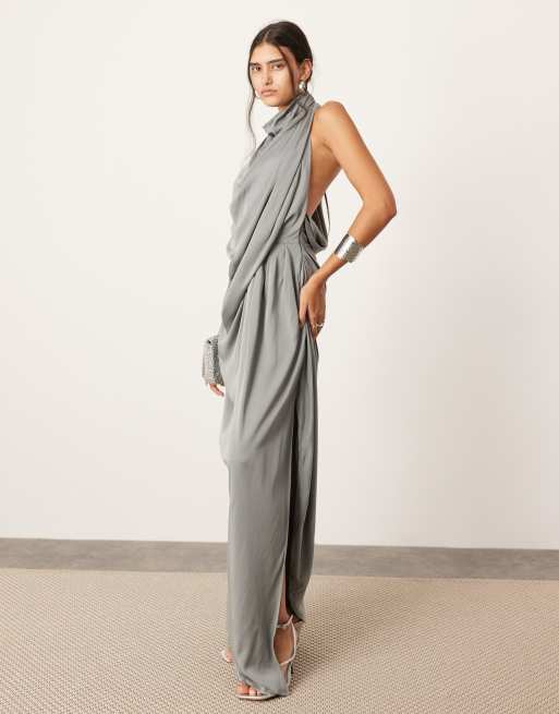 ASOS EDITION sleeveless draped slouchy halter midi dress in grey