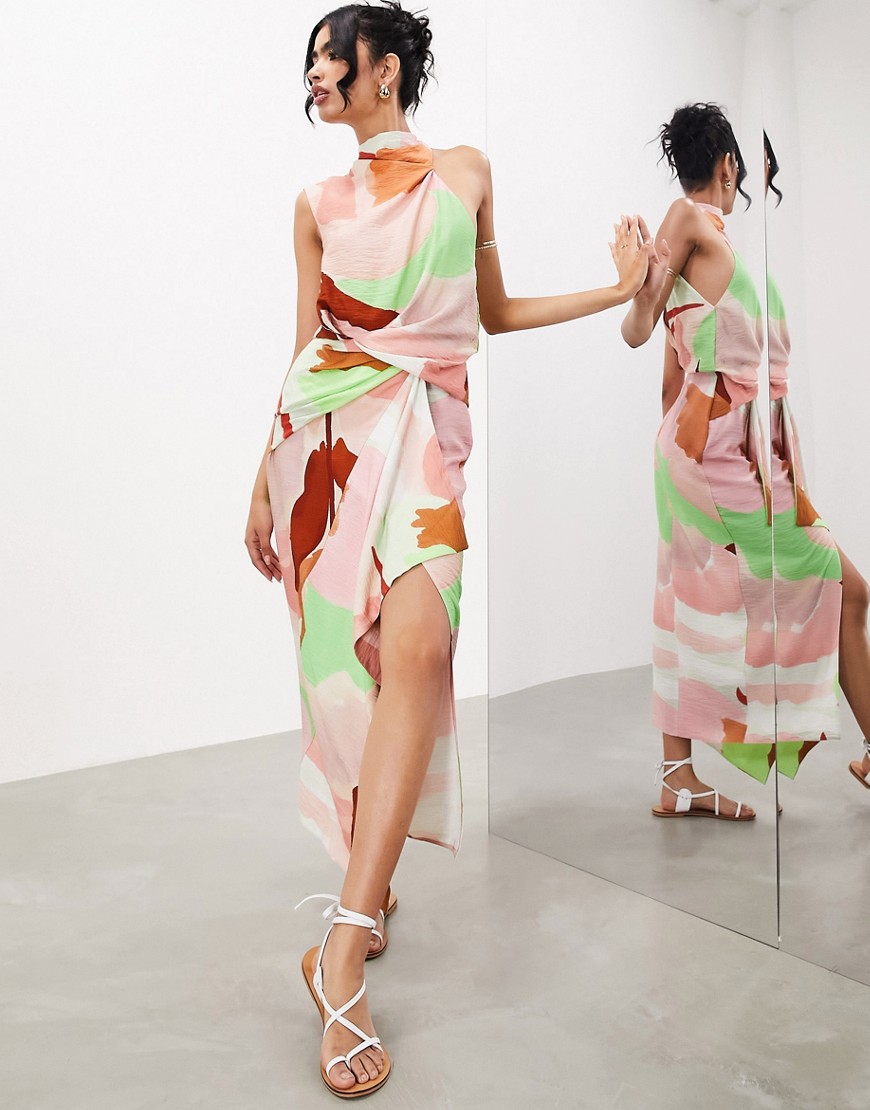 ASOS EDITION sleeveless high neck ruched detail maxi dress in abstract print-Multi
