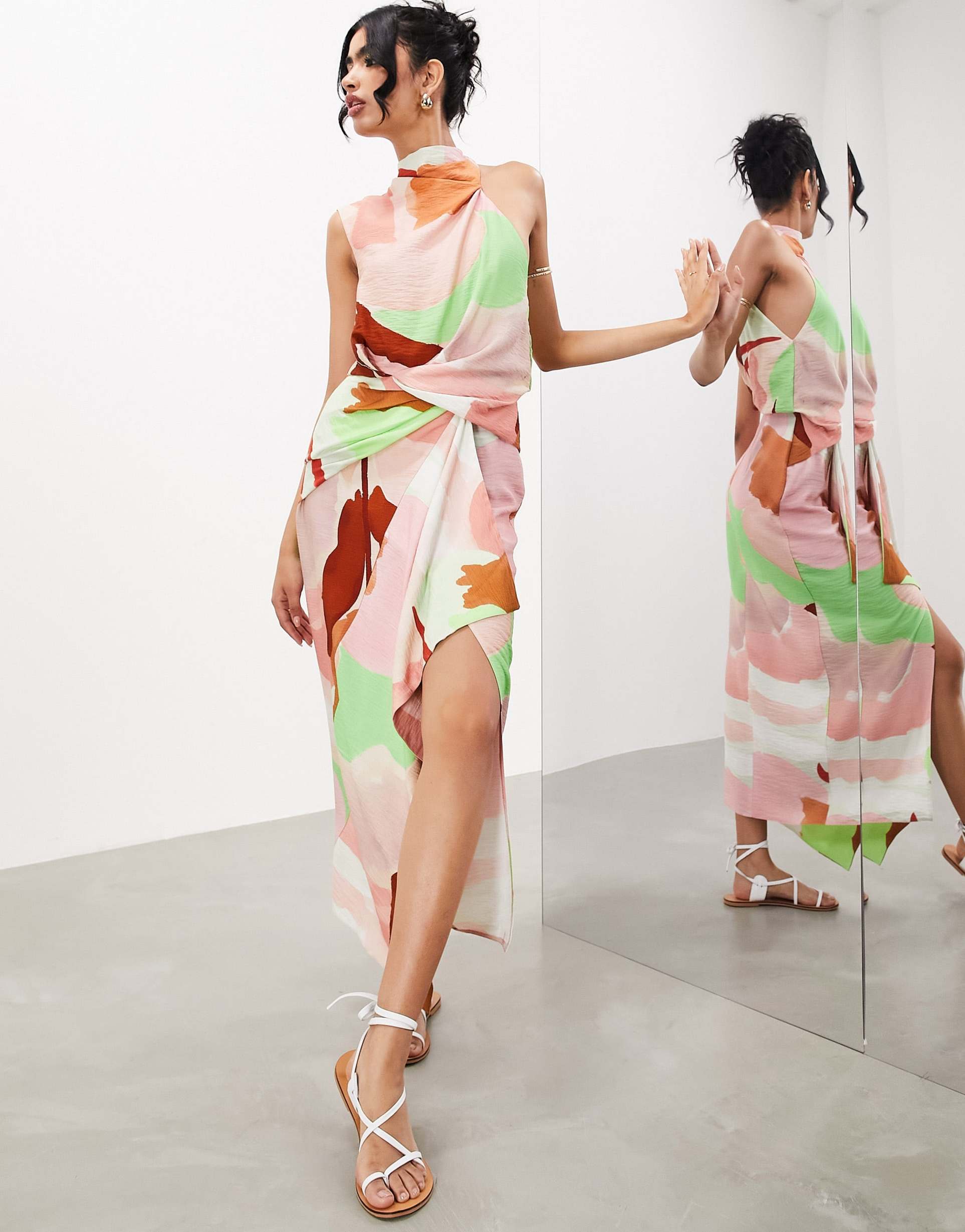 asos edition sleeveless high neck ruched detail maxi dress in abstract print