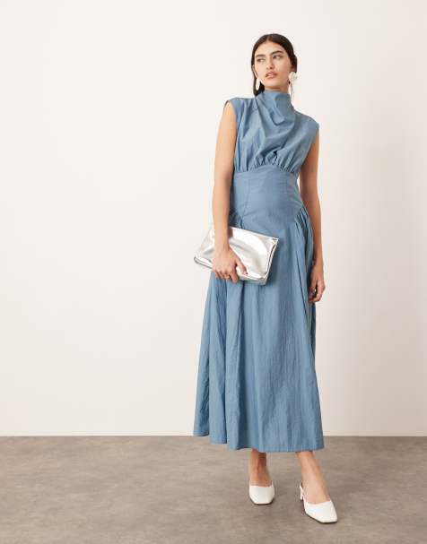 ASOS EDITION sleeveless nipped in waist midi dress in dusky blue - view 1