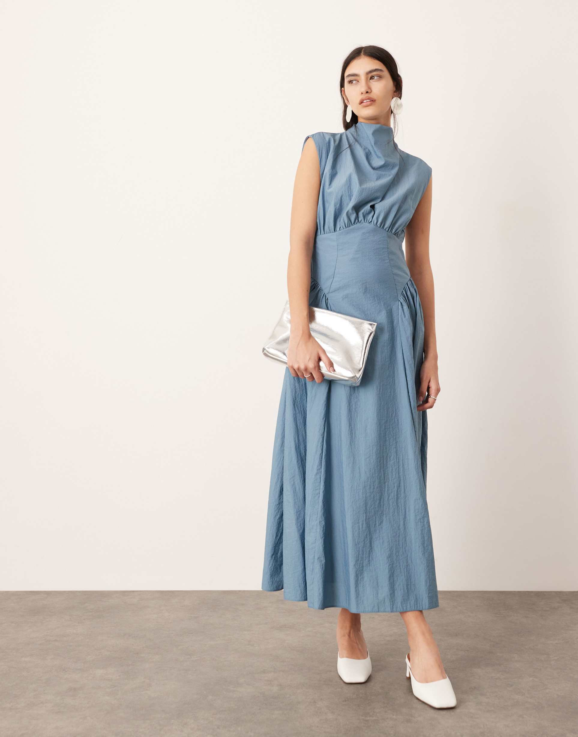 asos edition sleeveless nipped in waist midi dress in dusky blue