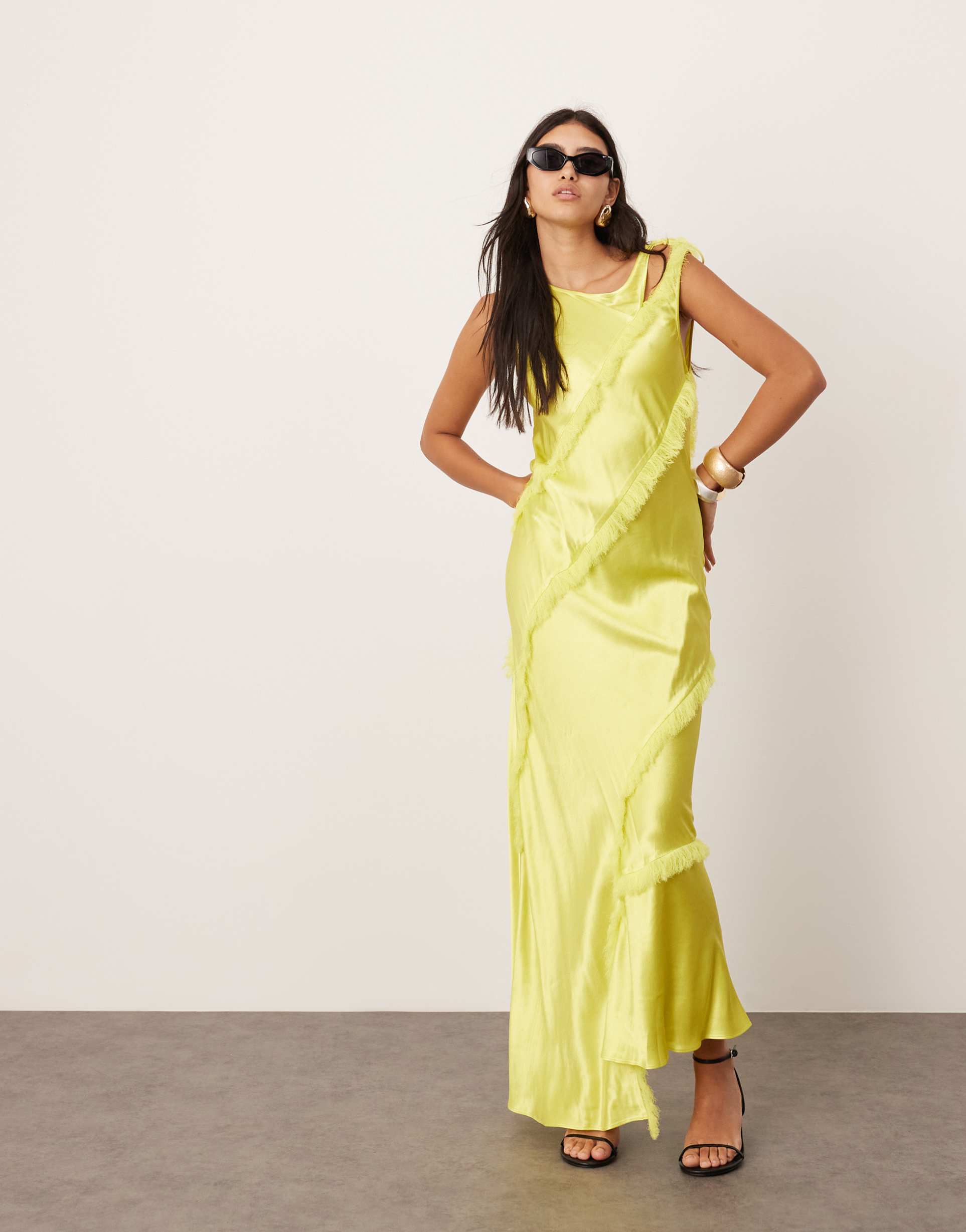 asos edition sleeveless satin asymmetric detail maxi dress with fringe in lime green