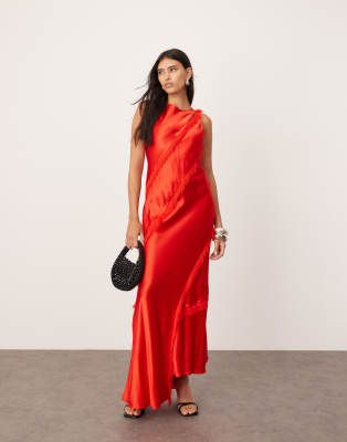 sleeveless satin asymmetric detail maxi dress with fringe in red