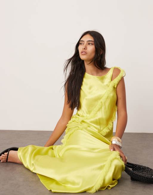 ASOS EDITION sleeveless satin asymmetric detail maxi dress with fringing in lime green