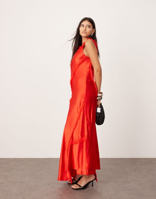 ASOS EDITION sleeveless satin asymmetric detail maxi dress with fringing in red