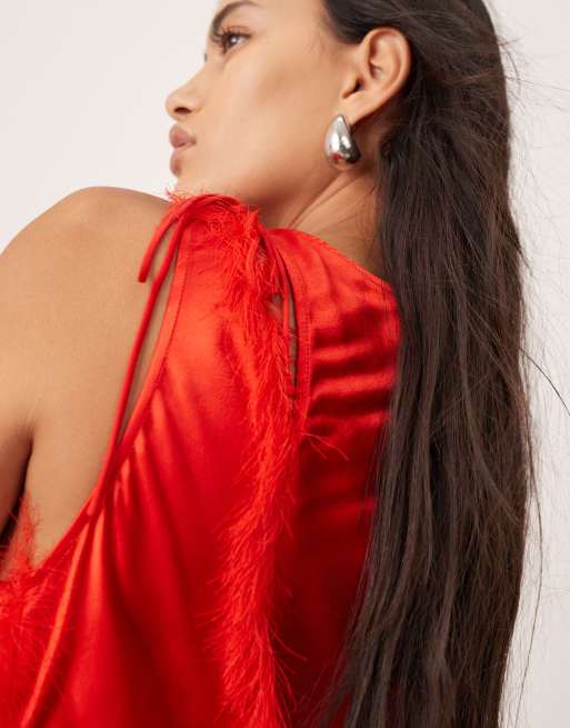 ASOS EDITION sleeveless satin asymmetric detail maxi dress with fringing in red