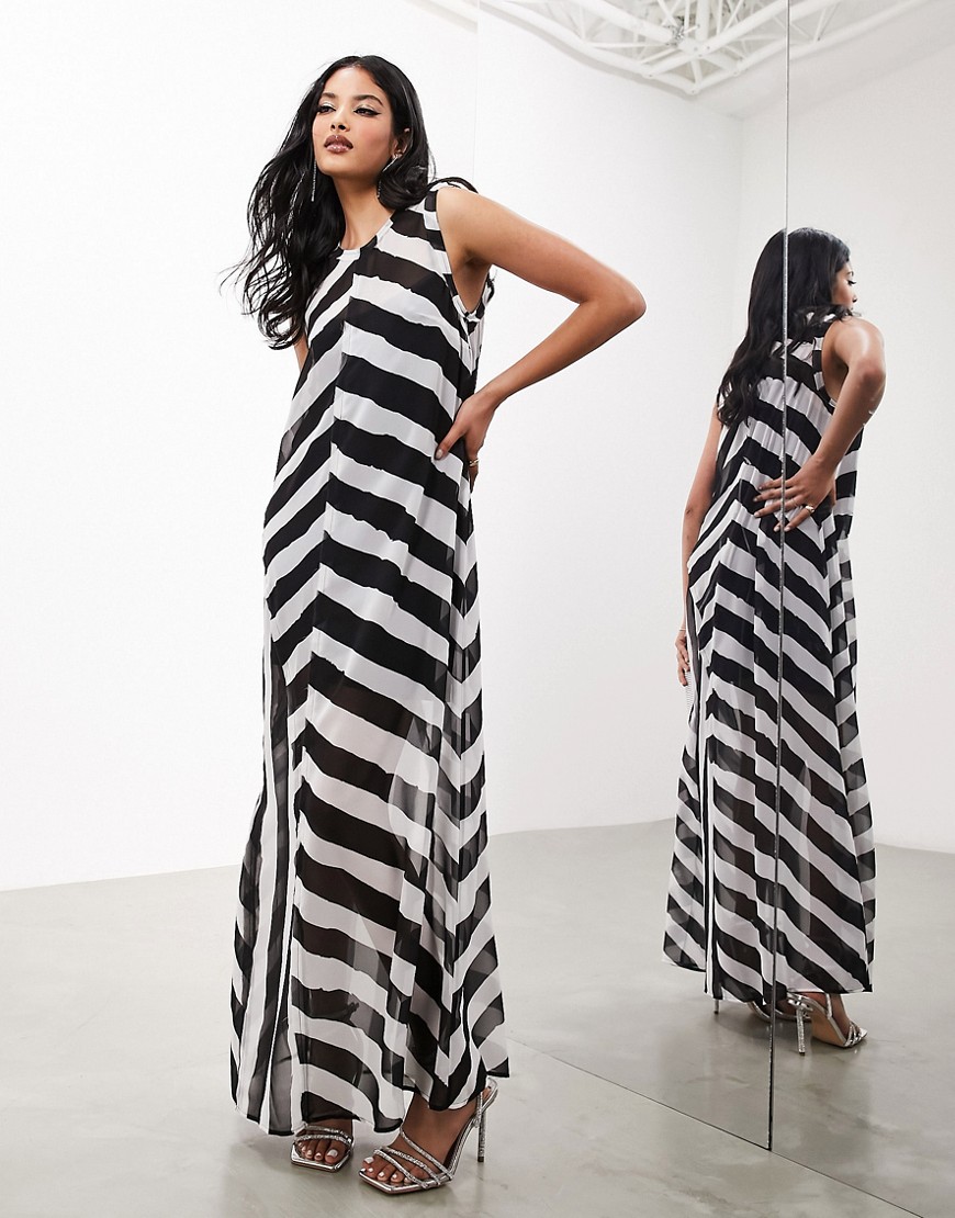 ASOS EDITION sleeveless sheer maxi dress in monochrome stripe-Multi